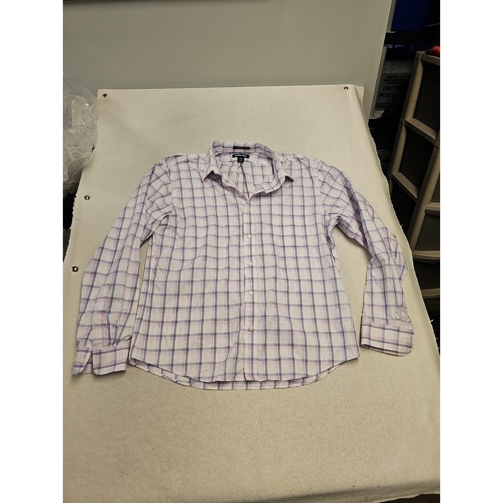 Lands End Men Tailored Fit No Iron Supima Pinpoint Plaid Shirt Large 16-16.5